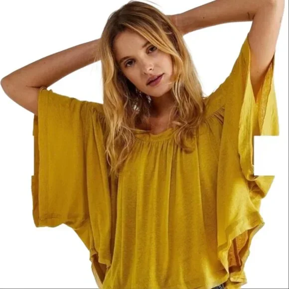 🆕Free People Sunsetter Linen Blend Top Color Golden Meadow  Sz L - Picture 3 of 15
